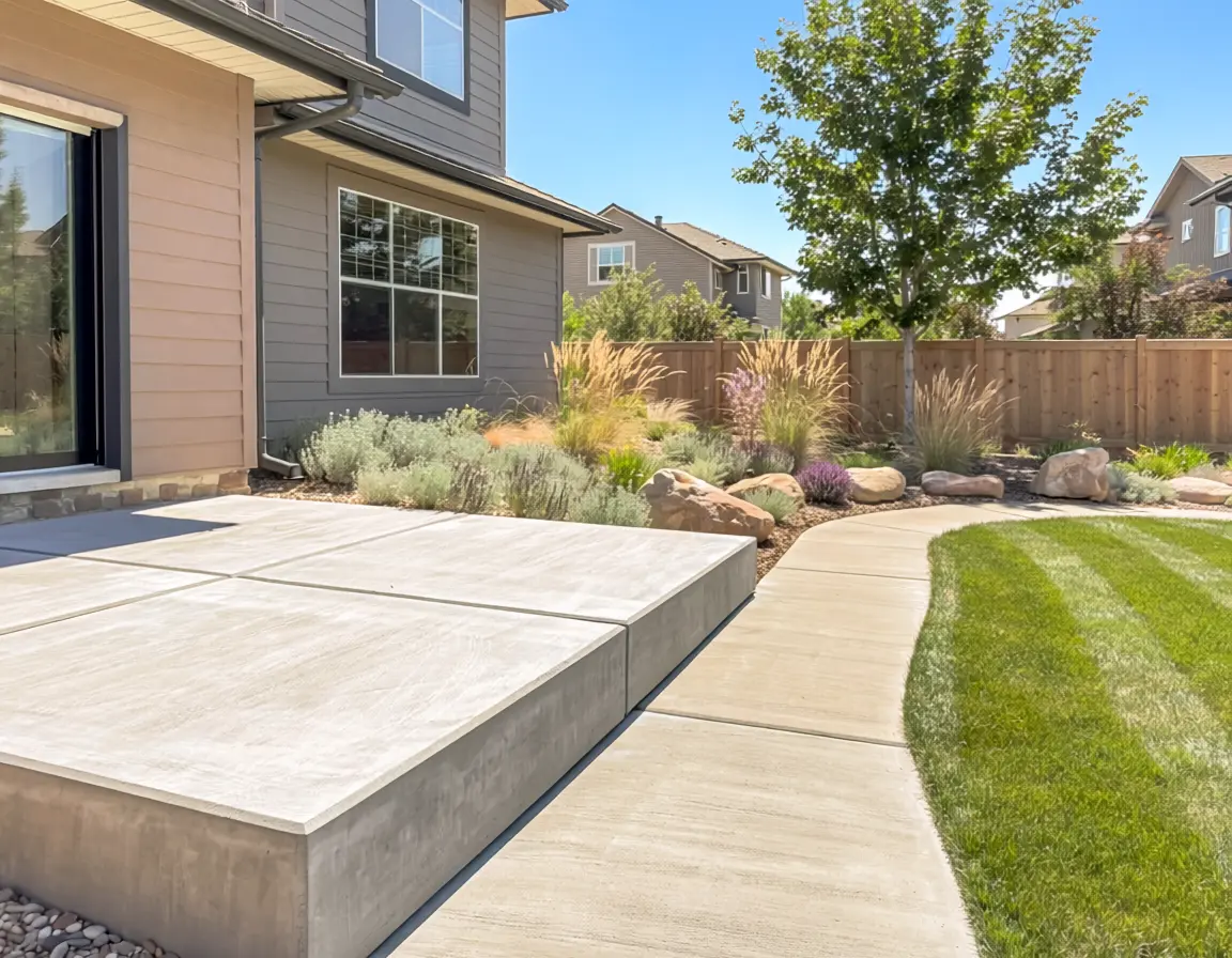 Concrete patio and walkway flatwork with clean edges beside landscaped beds at a Fort Collins home