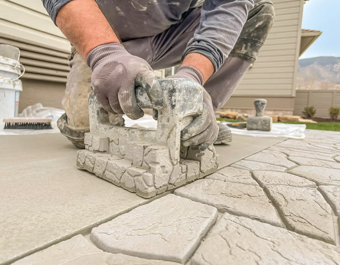 Decorative stamped concrete patio with seating area at a Fort Collins, Colorado home