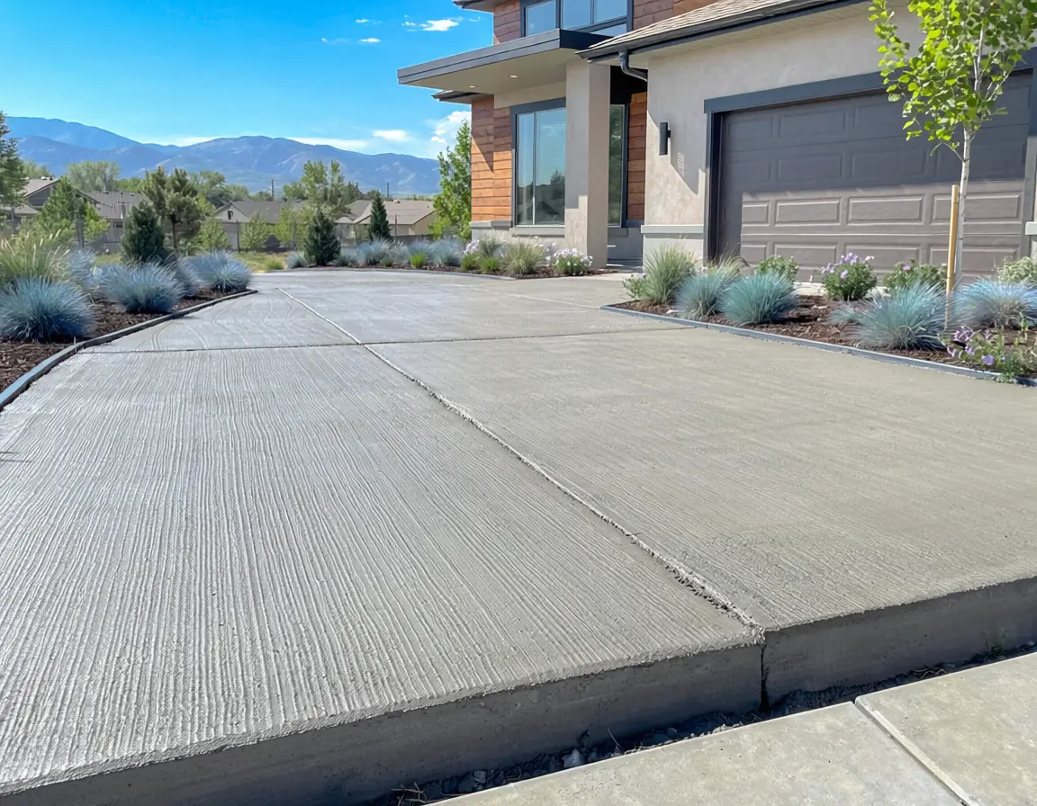 Newly poured broom-finished concrete driveway at a Northern Colorado home with mountain views