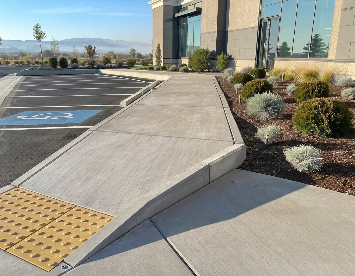 Commercial concrete crew finishing a new sidewalk at a Fort Collins, Colorado property
