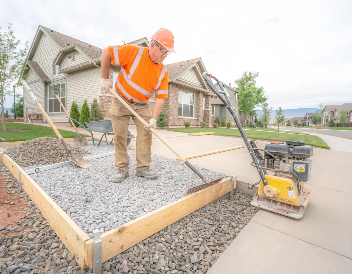 Concrete crew grading and compacting a gravel sub-base for a new residential driveway in Fort Collins, Colorado