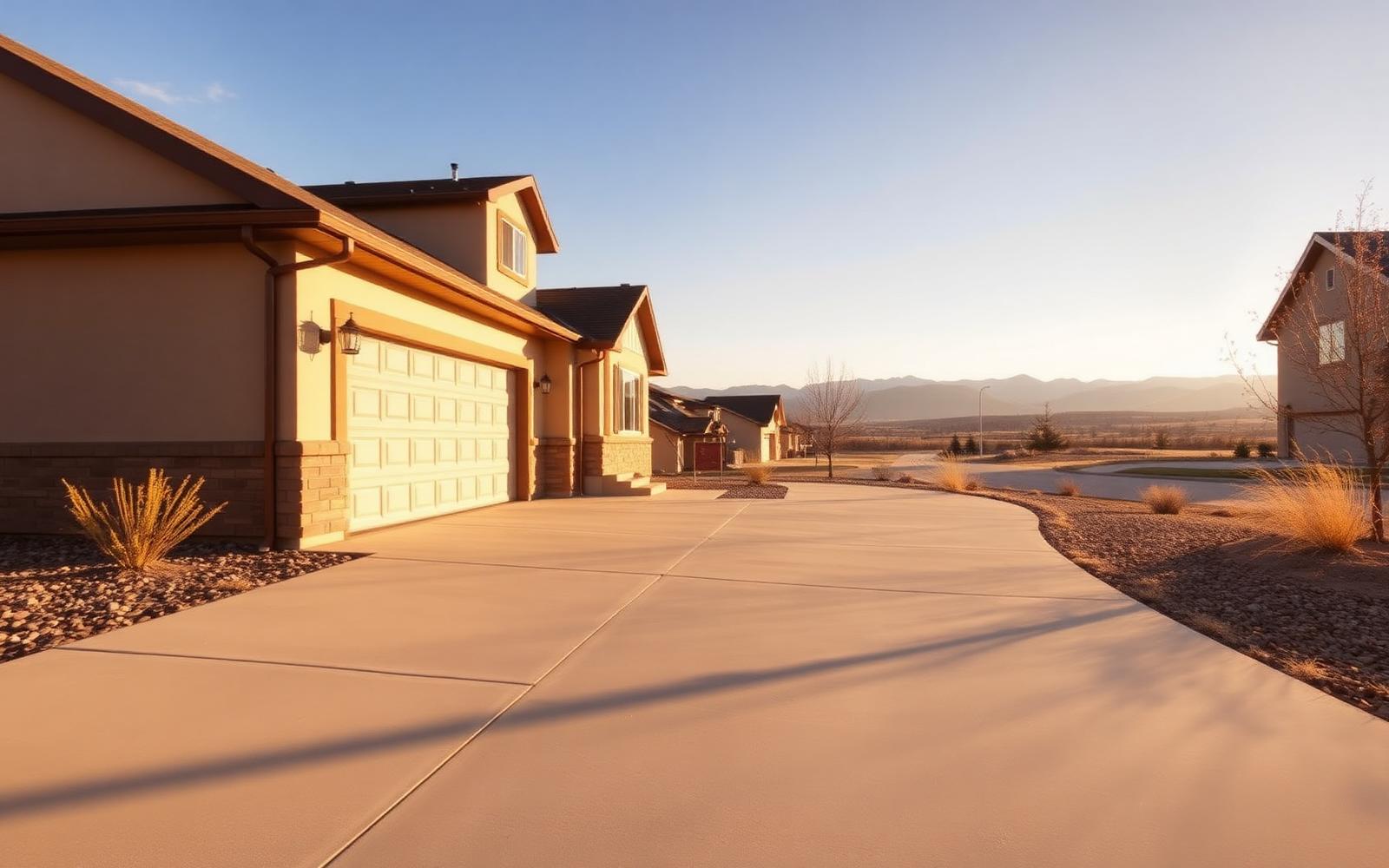 Newly poured concrete driveway at a Fort Collins home with foothills in the distance