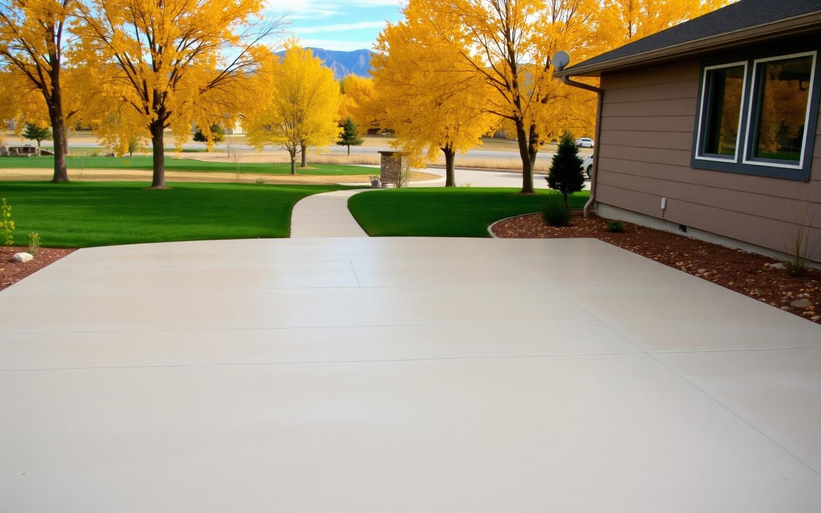 Newly finished concrete patio and walkway at a Northern Colorado home in early-fall weather