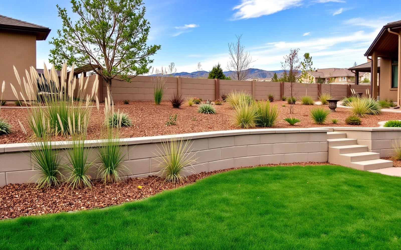 Modern poured-concrete retaining wall creating two landscaped levels in a Fort Collins backyard